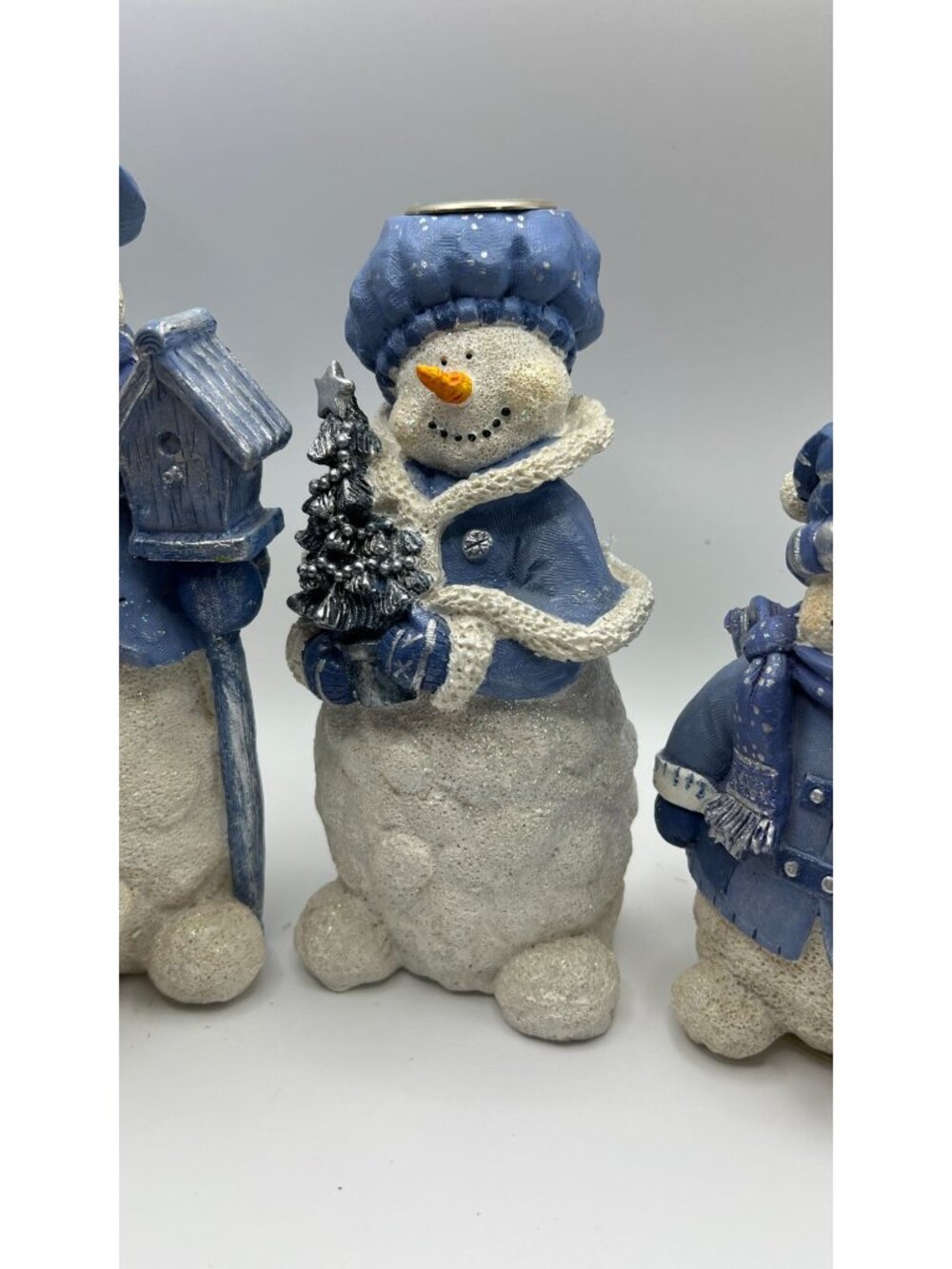 Set Of 3 Snowman Candle Holders With Blue Winter Coats & Glitter Accents - Picture 3 of 5